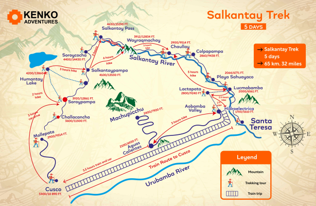5 Day Salkantay Trek & Inca Trail tour Map.